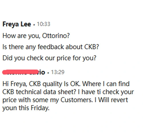 Los clientes de Italia están muy satisfechos con la calidad de nuestra CKB